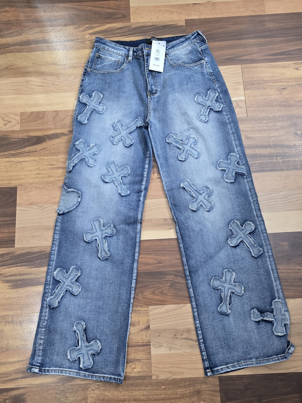 AKIRA Distressed Blue Wide-Leg Jeans with Cross Appliqués